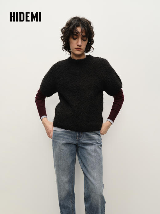 HIDEMI 极简圆领短袖羊毛圈圈纱针织上衣 商品图1