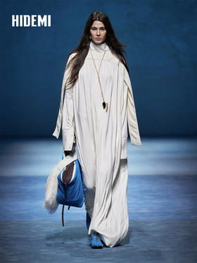 HIDEMI 大秀款设计感极简小立领皮拼接长袖连衣裙长裙