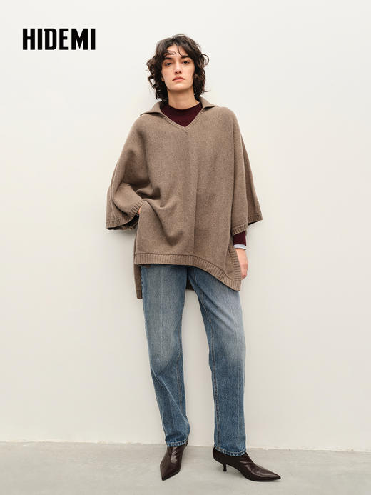 HIDEMI 进口美利奴羊毛POLO领大廓形设计感斗篷 商品图1