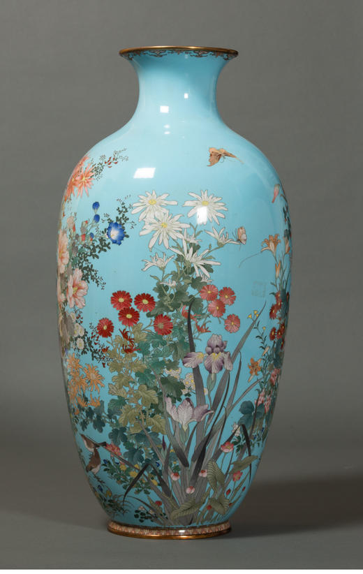 独角鹿西洋古董19世纪日本明治时期出品百卉珍禽主题蓝地七宝烧花瓶 商品图1