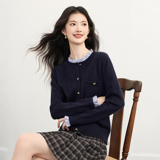 【12/03新品】熙世界韩系穿搭千金感毛衣开衫女2025秋冬撞色木耳花边针织短外套 商品图4