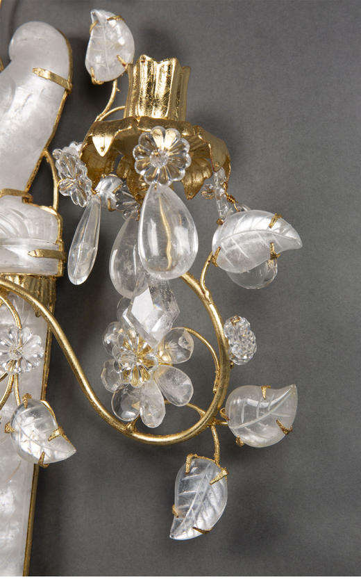 独角鹿西洋古董20世纪美国出品铜鎏金精雕嵌水晶「花间鹦鹉」造型双枝头烛台式壁灯一对 商品图6