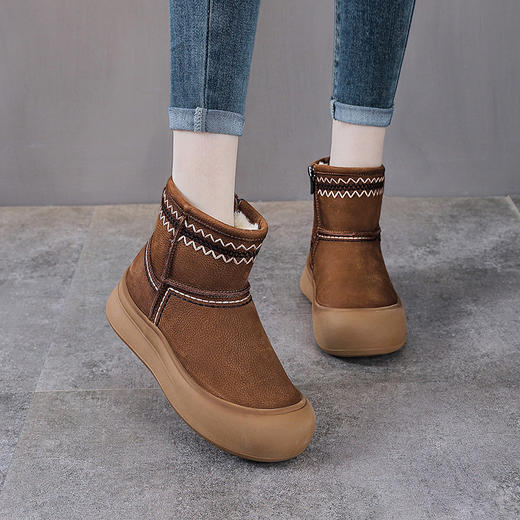 YR 2951头层牛皮羊羔绒雪地靴加绒保暖短靴防滑棉靴 商品图1