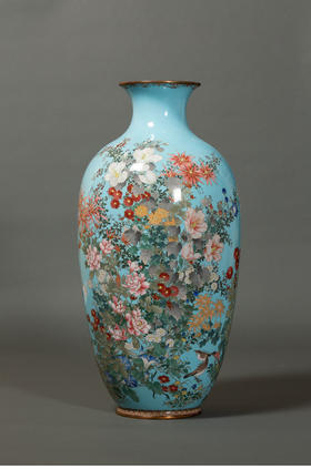 独角鹿西洋古董19世纪日本明治时期出品百卉珍禽主题蓝地七宝烧花瓶