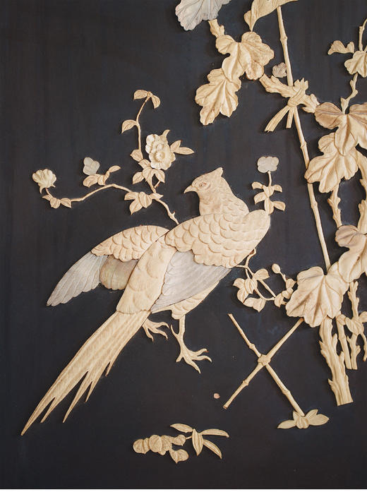 独角鹿西洋古董19世纪末20世纪初日本明治时期出品硬木镂雕「花卉珍禽」主题芝山镶嵌屏风 商品图6