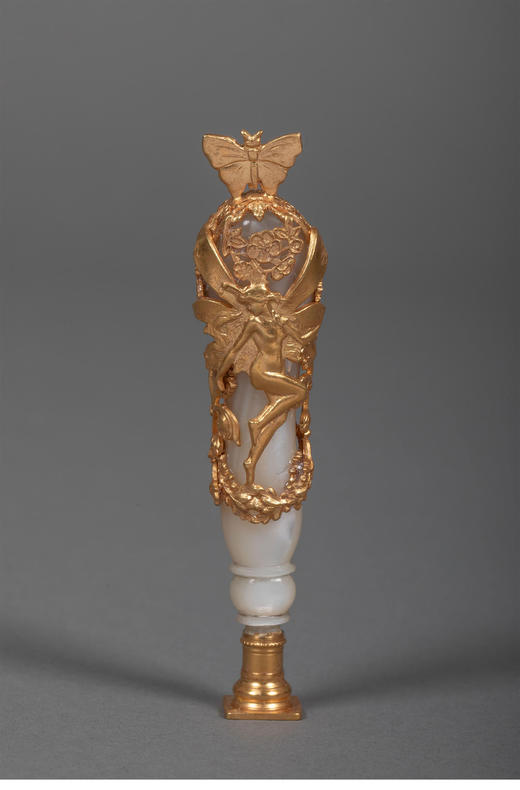 独角鹿西洋古董20世纪初法国出品新艺术风格蝴蝶仙子主题铜鎏金精雕镶嵌母贝火漆印章 商品图0