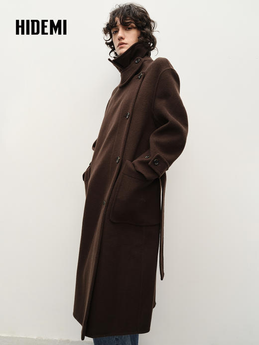 HIDEMI 进口澳洲美利奴羊毛不对称立领腰带极简设计感长款大衣 商品图4