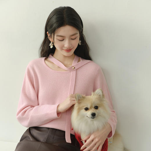 【严选】诗凡黎100%羊毛挂脖飘带针织衫2025冬新款设计感温柔淑女显瘦毛衣7GC133401 商品图0