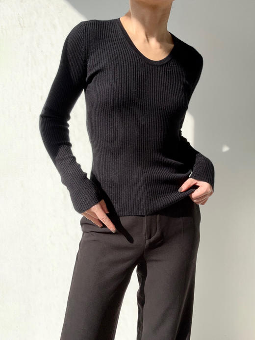 Puree｜#1970 Ribbed Basics Deep U 深圆领 精纺丝羊绒罗纹打底 [  白 / 黑  ] 商品图1
