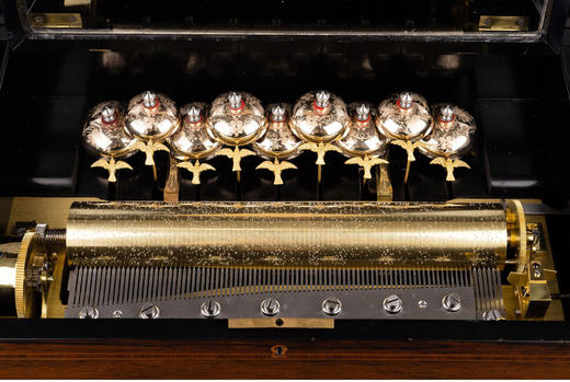 独角鹿西洋古董1870年代瑞士出品细木镶嵌外箱滚轴式美人鱼铃铛音乐盒 商品图4