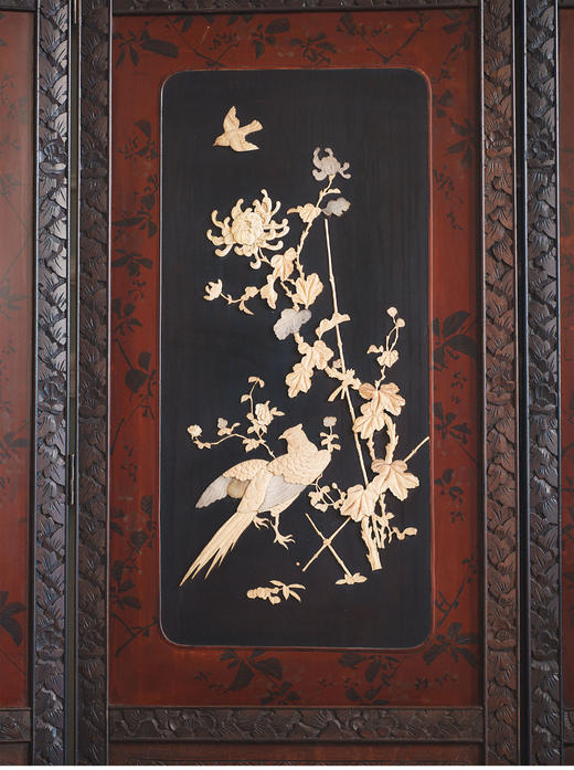 独角鹿西洋古董19世纪末20世纪初日本明治时期出品硬木镂雕「花卉珍禽」主题芝山镶嵌屏风 商品图5