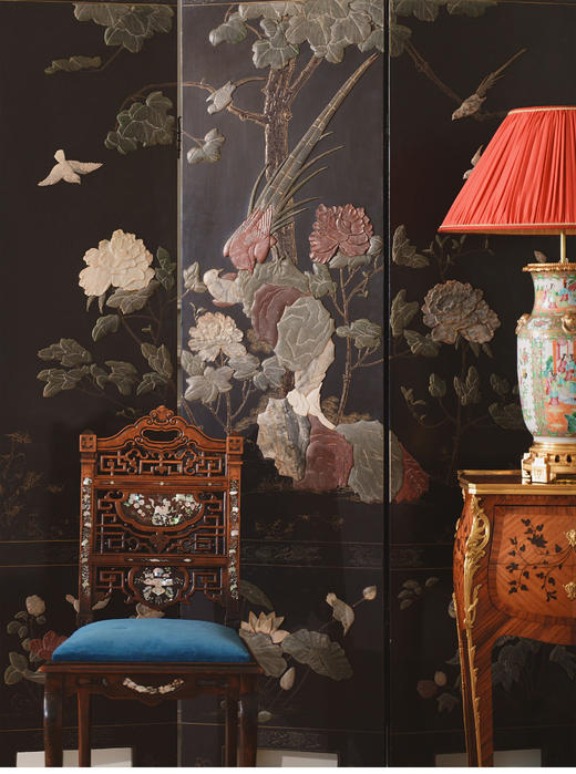 独角鹿西洋古董20世纪中国创汇时期出品「富贵万代」传统花鸟主题硬石镶嵌屏风 商品图2