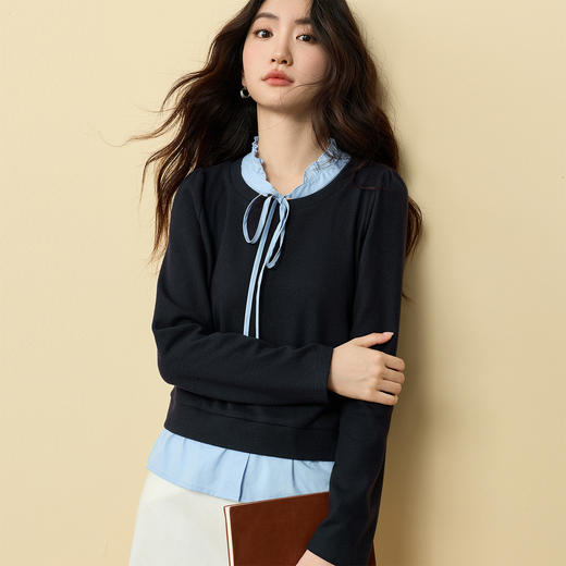 【12/03新品】熙世界云柔亲肤假两件针织T恤女长袖秋冬内搭打底衫撞色系带上衣 商品图4