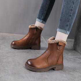 YR 2955厚底短靴雪地靴真皮复古马丁靴加绒保暖棉靴