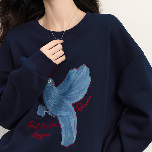 【年货节】熙世界「幸运飞鸟」加绒圆领卫衣女秋冬2025年新款宽松慵懒风上衣 商品图4