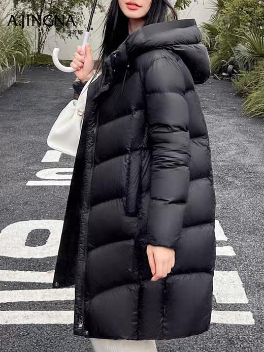 【 连帽立领】阿菁娜冬季新款显瘦中长款羽绒服连帽立领双倍暖直身剪裁松弛感高蓬松鸭绒F30D216022 商品图5
