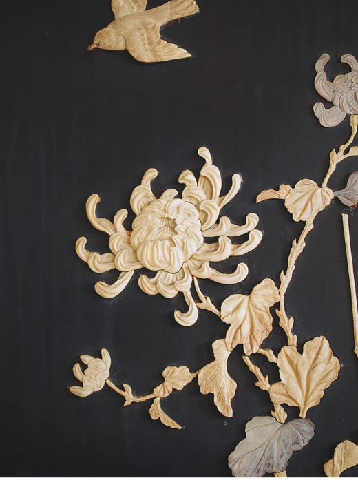 独角鹿西洋古董19世纪末20世纪初日本明治时期出品硬木镂雕「花卉珍禽」主题芝山镶嵌屏风 商品图7