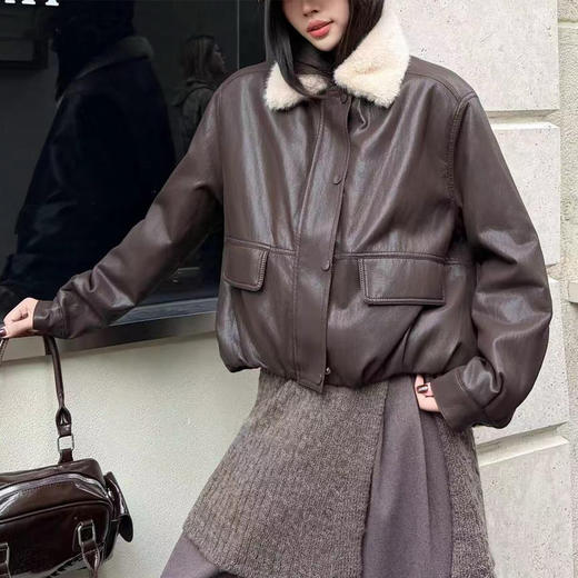 「高货sh」全新升级【铂金会员422/天猫569/差价147】(23629)洛诗琳水貂毛毛领蛋白皮夹克2025冬季加绒翻领保暖外套女 商品图1