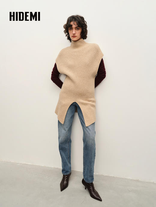 HIDEMI 简约开衩设计感进口羊毛花纱半 廓形多穿式马夹 商品图2