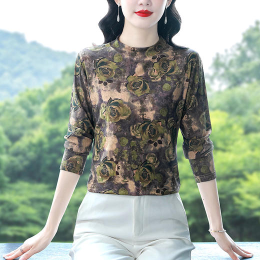 加绒打底衫长袖内搭，洋气印花高级感上衣新款T恤小衫KQL-B41N3392 商品图1