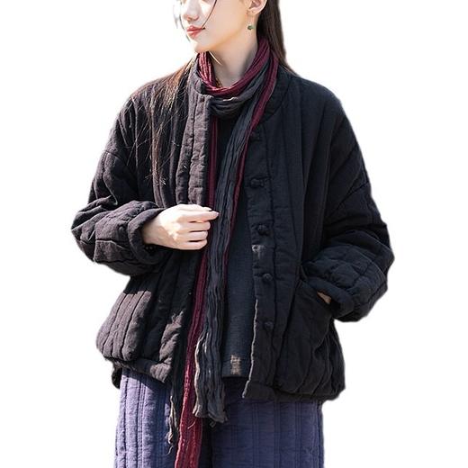 25棉麻文艺复古拼色盘扣宽松压条立领短款棉袄女亚麻夹棉加厚棉衣 商品图4