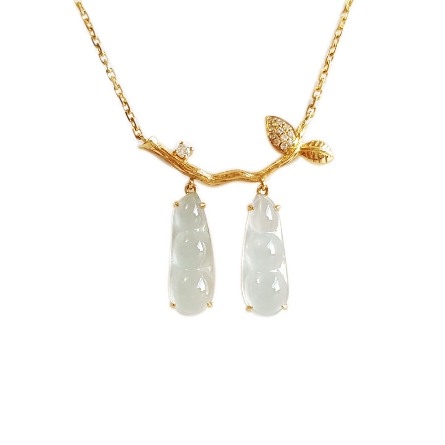 【天然正品】A货翡翠AU750黄金镶钻镶天然白色起荧高冰种金连枝福豆翡翠吊坠项链21.1*20.4*3.9MM（皆取最大值）链长：45CM（长度可调节）女士251125NJS21