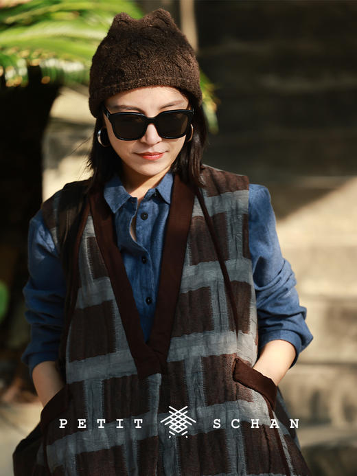 PETIT SCHAN小闪 CLO#975 Courtyard 庭院 棉亚麻格纹骆驼绒禅意马甲背心 商品图0