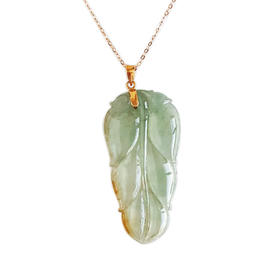 【天然正品】A货翡翠AU750玫瑰金镶天然细腻冰种飘黄叶子（金枝玉叶）翡翠吊坠项链47.5*20.5*3.8MM（皆取最大值）链长：45CM（长度可调节）女士280325AH31特价