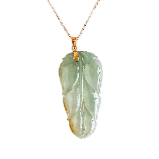 【天然正品】A货翡翠AU750玫瑰金镶天然细腻冰种飘黄叶子（金枝玉叶）翡翠吊坠项链47.5*20.5*3.8MM（皆取最大值）链长：45CM（长度可调节）女士280325AH31特价 商品图0