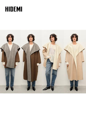 HIDEMI 进口澳洲美利奴双面双色长毛羊毛大翻领茧型大廓形大衣