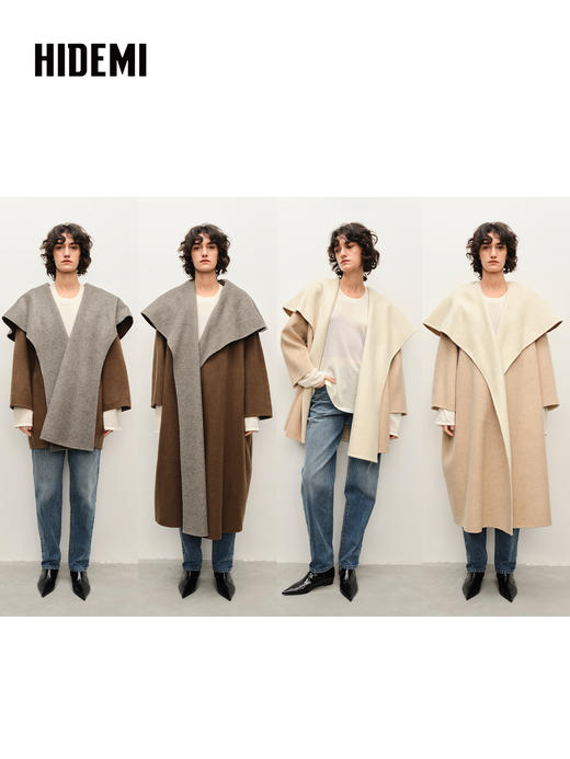 HIDEMI 进口澳洲美利奴双面双色长毛羊毛大翻领茧型大廓形大衣 商品图0