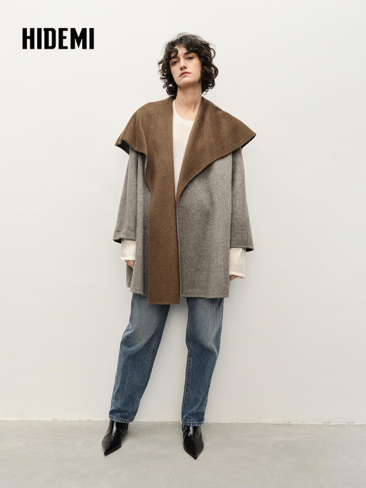 HIDEMI 进口澳洲美利奴双面双色长毛羊毛大翻领茧型大廓形大衣 商品图2