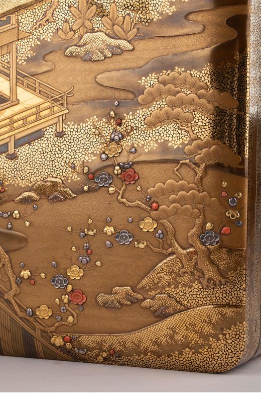 独角鹿西洋古董1910年代日本明治时期出品源氏物语「初音」主题莳绘手箱 带原盒 商品图8