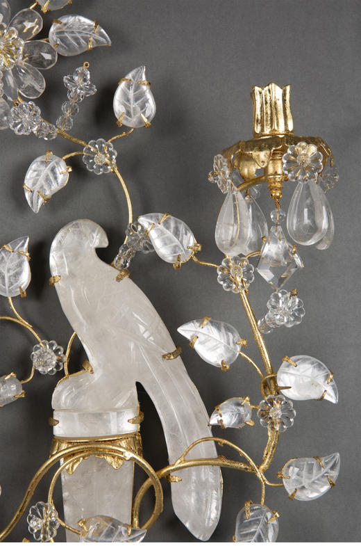 独角鹿西洋古董20世纪美国出品铜鎏金精雕嵌水晶「花间鹦鹉」造型双枝头烛台式壁灯一对 商品图1