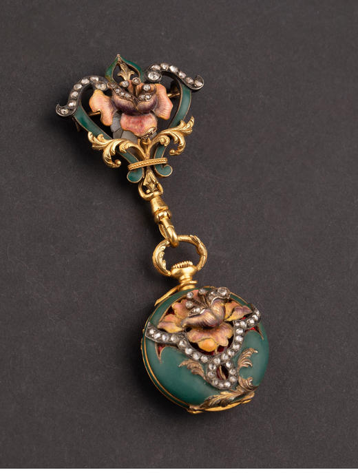 独角鹿西洋古董1900年代美国出品新艺术风格花卉主题18k黄金红色玑镂珐琅镶嵌钻石手动上弦胸针怀表 商品图3