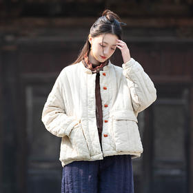 25棉麻文艺复古拼色盘扣宽松压条立领短款棉袄女亚麻夹棉加厚棉衣