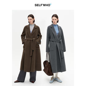 SELFWHO绵羊毛混纺浴袍式双面呢大衣女2025冬季新款无扣腰带外套