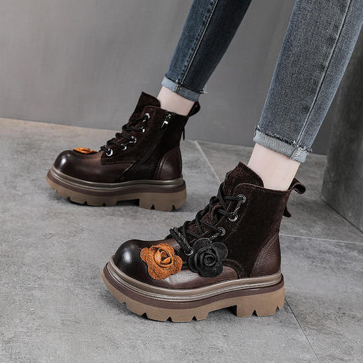 YR 2956头层牛皮复古厚底马丁靴花朵短靴厚底休闲高帮靴 商品图0