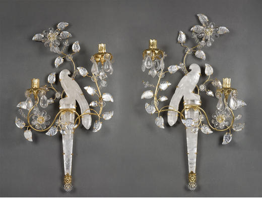 独角鹿西洋古董20世纪美国出品铜鎏金精雕嵌水晶「花间鹦鹉」造型双枝头烛台式壁灯一对 商品图0