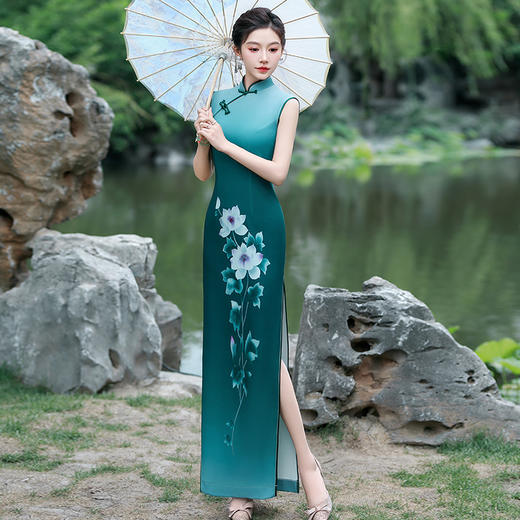 2025新款夏季舞台走秀演出修身旗袍连衣裙长款低领演出服花开四季 商品图2