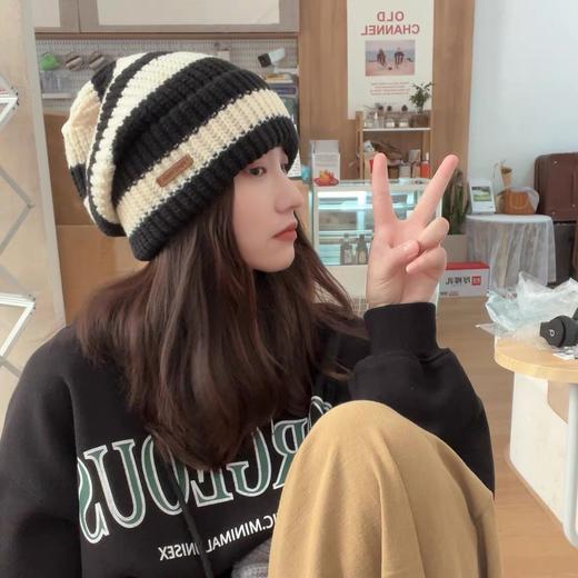【YW】无忧购25元2件日系条纹字母宽松大头围毛线帽子女秋冬天保暖百搭针织帽堆堆帽女（截单后3-5天发货) 商品图3