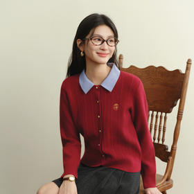 【严选】诗凡黎可脱卸领金扣麻花针织开衫2025冬新款学院风刺绣针梭拼毛衣7GC133411