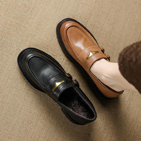 【预售5天】复古棕色真皮圆头小皮鞋，加绒羊皮保暖深口单鞋粗跟中跟女鞋M9806