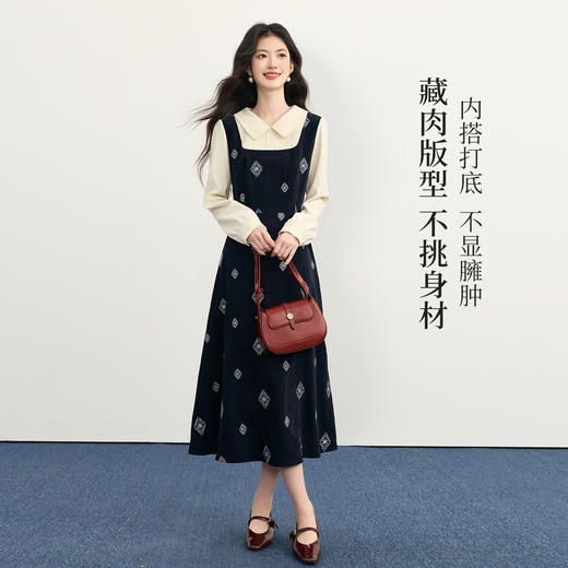【12/03新品】熙世界伯爵千金感假两件连衣裙女秋冬民族风刺绣收腰POLO领长裙子 商品图2