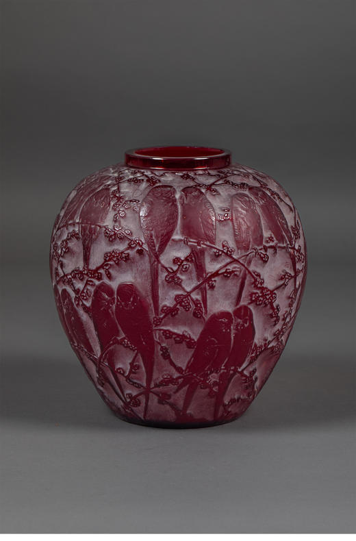 独角鹿西洋古董1919年法国出品「Perruches 爱情鸟」款红色水晶花瓶 商品图0