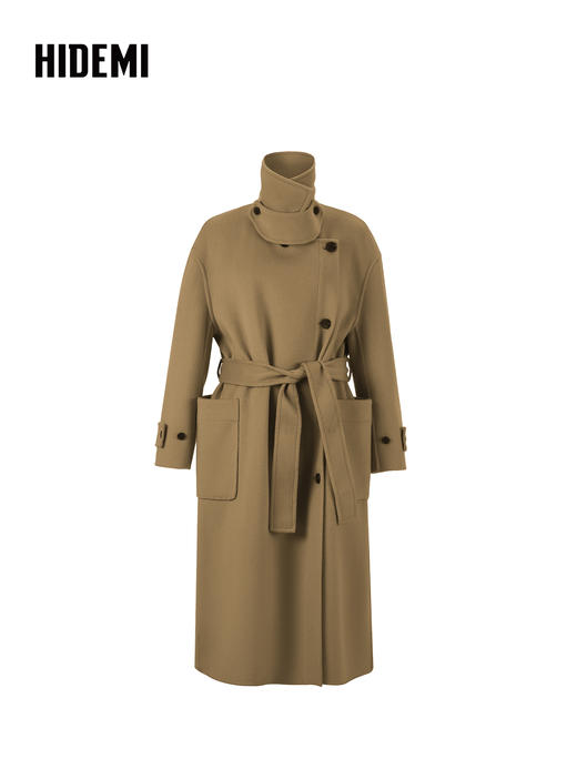 HIDEMI 进口澳洲美利奴羊毛不对称立领腰带极简设计感长款大衣 商品图8