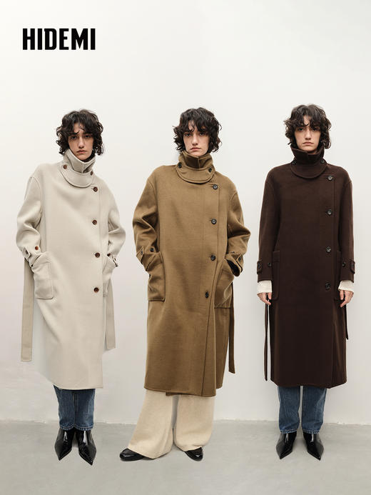 HIDEMI 进口澳洲美利奴羊毛不对称立领腰带极简设计感长款大衣 商品图0