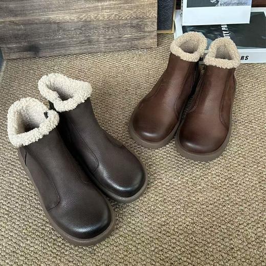 手工复古做旧雪地靴！2025小众设计加绒保暖棉靴女磨砂牛皮侧拉链棉鞋！ 商品图0