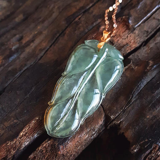 【天然正品】A货翡翠AU750玫瑰金镶天然细腻冰种飘黄叶子（金枝玉叶）翡翠吊坠项链47.5*20.5*3.8MM（皆取最大值）链长：45CM（长度可调节）女士280325AH31特价 商品图4