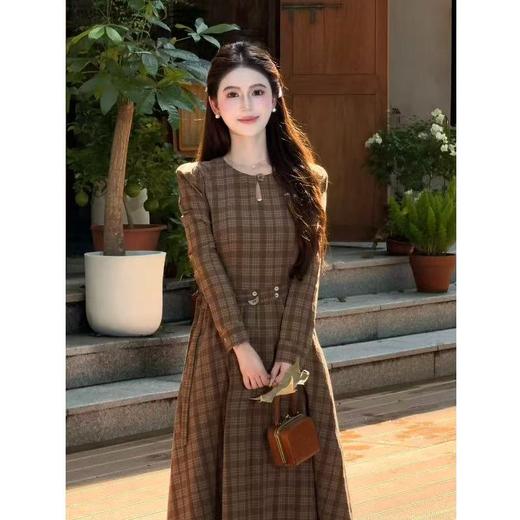 法式复古琥珀流光风棕色格纹腰带连衣裙子圆领 商品图2